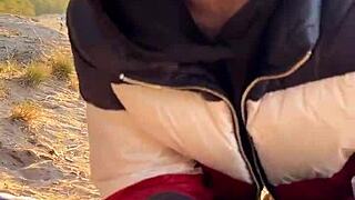 Amateur couple enjoys public blowjob outdoors