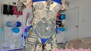 Teeny tiny 18+ blue micro bikini try on haul with Melody Radford's big tits close up