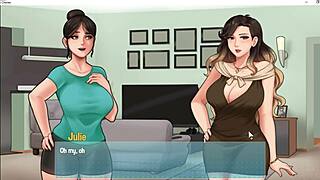 Big breasts maid gives sneaky handjob during house chores.