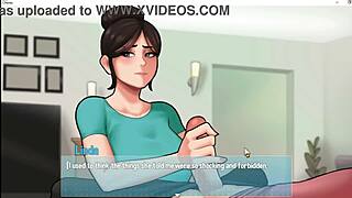 Big breasts maid gives sneaky handjob during house chores.