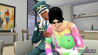 Colonel comforts ebony brunette woman with rough sex and fingering using toys in hot lesbian animation