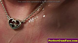 British skank in heels gets double facial in office threesome. She blows and jerks big cocks.