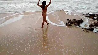 drinking pee on public beach with risky humiliation