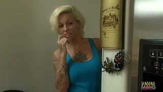 Blonde babe intensely licks tattooed milf stepmom in lesbian kitchen fantasy fuck