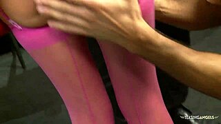 Three guys intensely bang the slutty brunette with big tits on the sofa