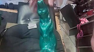 Lactating solo with the biggest dildo
