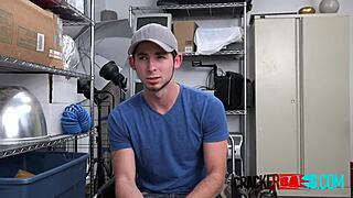 gay jock's tight hole drilled by director's big black cock at work