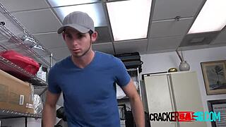 gay jock's tight hole drilled by director's big black cock at work