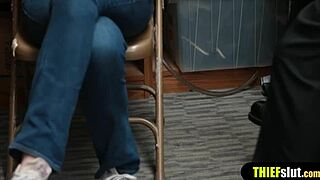 Cute thief chick takes two cocks in shop double penetration