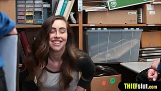 Cute thief chick takes two cocks in shop double penetration