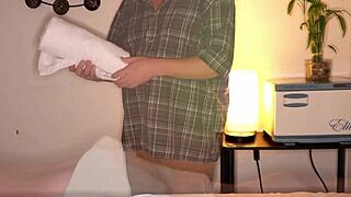 Fine featured brunette satisfies a man on her hand then gets her man’s dick jerked off on her face in the ultimate cum shots part
