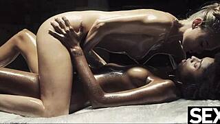 Black Beauty and Sexy Blonde Oil Up for Lesbian Fun