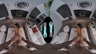 Mercedes, the slut, gives Mr. Jones a blowjob with her big tits and takes a cumshot.