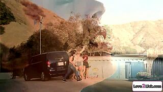 look at that latina voyeur touching herself while watching two babes lick each other's shaved pussies