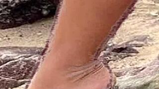 Drawing hot bikini woman on beach while jerking off