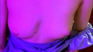 Beautiful 18-year-old ArinaFox in blue dress pleasures herself with dildo