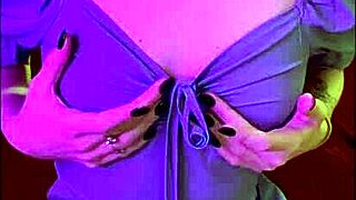 Beautiful 18-year-old ArinaFox in blue dress pleasures herself with dildo