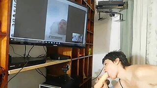 video call with slut and her man, he gives her beautiful anal at holiday party