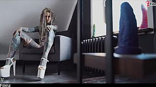 tattoo girl in high heels squirts big from hard anal stretch with atm dildos gape prolapse