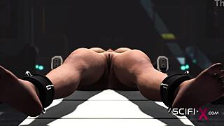 a sexy horny bald girl in cuffs gets fucked hard by a sex cyborg in the lab