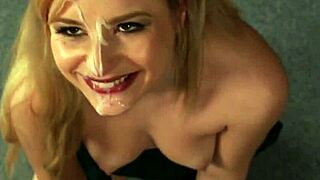 Hot babe sucks facial cumshot, swallows it