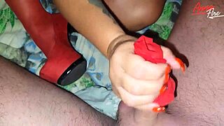 Housewife Jerks Off Stepson with Red Stocking in Bedroom