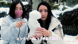 Asian beauty on snow sculpture and Hot spring