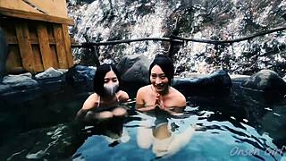 Asian beauty on snow sculpture and Hot spring