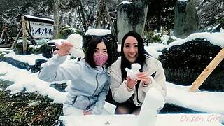 Asian beauty on snow sculpture and Hot spring