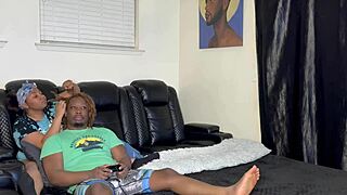 A passionate threesome for Ebony wife, at home