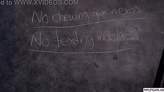 Jessica Brooks plays the role of a naughty teacher in heels and short skirt.