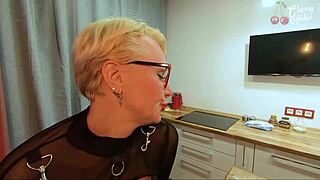 Russian milf blonde gets oiled assfucking on bar stool