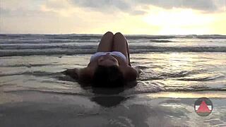 Wet Asian Model In Bikini At Beach