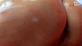 Russian milf blonde gets oiled assfucking on bar stool