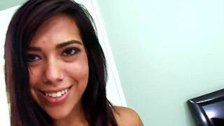 Pretty brunette Ember James handles huge cock in POV blowjob, swallowing massive cum load.