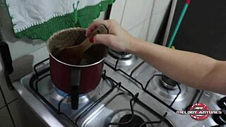 blonde makes brigadeiro and plays with dildo until orgasm