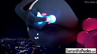 Samantha Saint Blonde Pornstar doing a dirty strip dance in black light