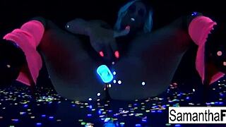 Samantha Saint Blonde Pornstar doing a dirty strip dance in black light