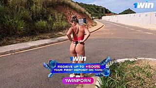 blonde milf shows big ass in market