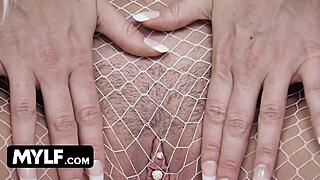 Milf’s big tits and ass in fishnets over thighs