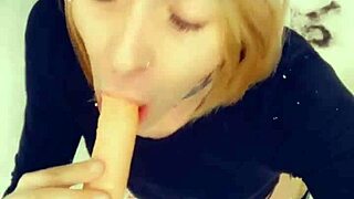 Sexy shemale loves sucking cock on her knees