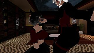 Sexy shemale providing a jaw-dropping blowjob in an office environment virtual reality