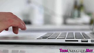 hey, jerking babe gets creampied by huge cock in HD