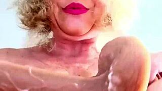 mature lady having fun during break at work