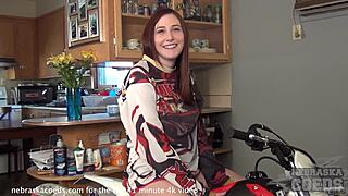 Gorgeous Iowa born model takes off her clothes to show off her huge and milky b00bs on a motorcycle at her parent’s house