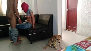 Stepsister puts mask on me and milks me in the living room intensely