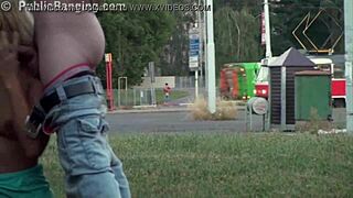 Public cross street blonde teen 18+ sex orgy gangbang by guys with big dicks