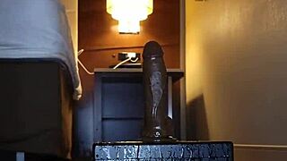 Chubby ebony rides dildo in heels, squirts everywhere!