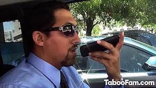 Horny brunette gets screwed hard by perverted stepdad in public