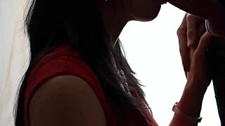 hot wife in red dress gives deepthroat to friend, he finishes in her mouth